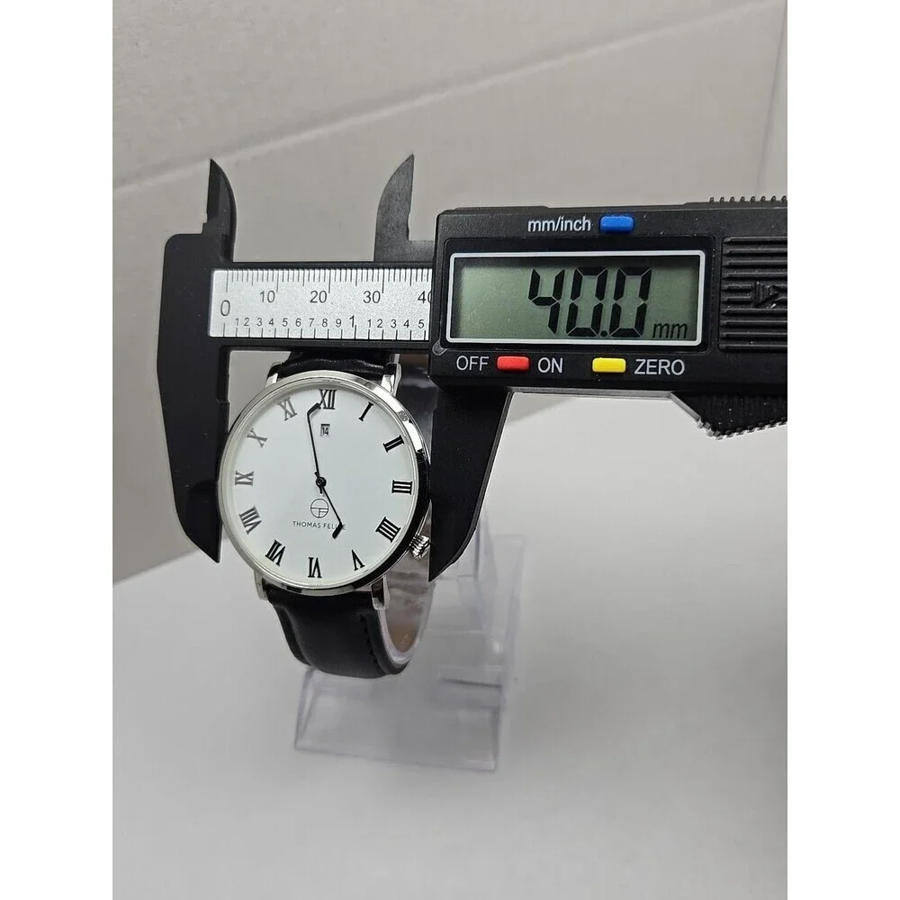 Thomas Felice 40mm 5ATM Roman Date Hockey Stick Hands Watch Silver New Battery